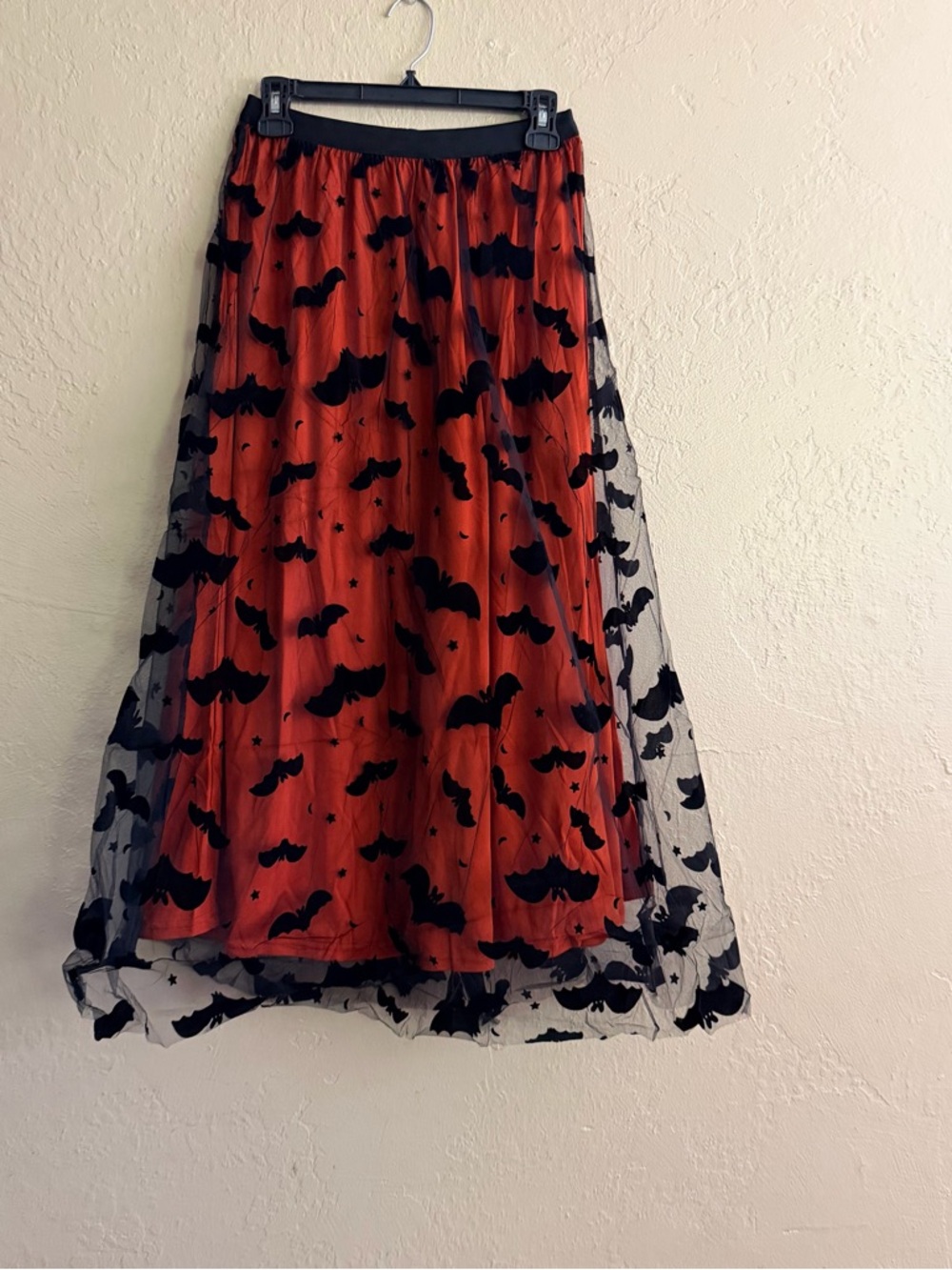 Red Maxi Skirt with Black Bat Mesh Overlay